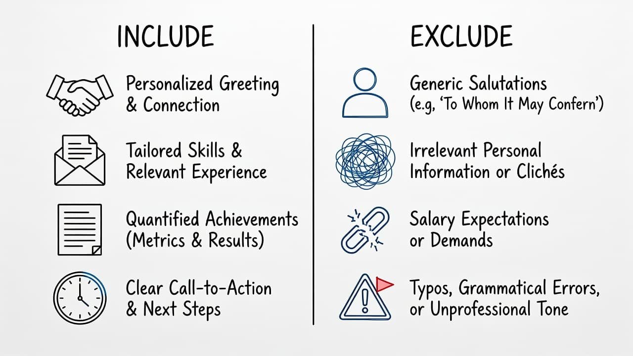 A clean, hand-drawn illustration features a two-column chart on a white background. Black and blue line art outlines specific elements to include and exclude when drafting a job cover letter.