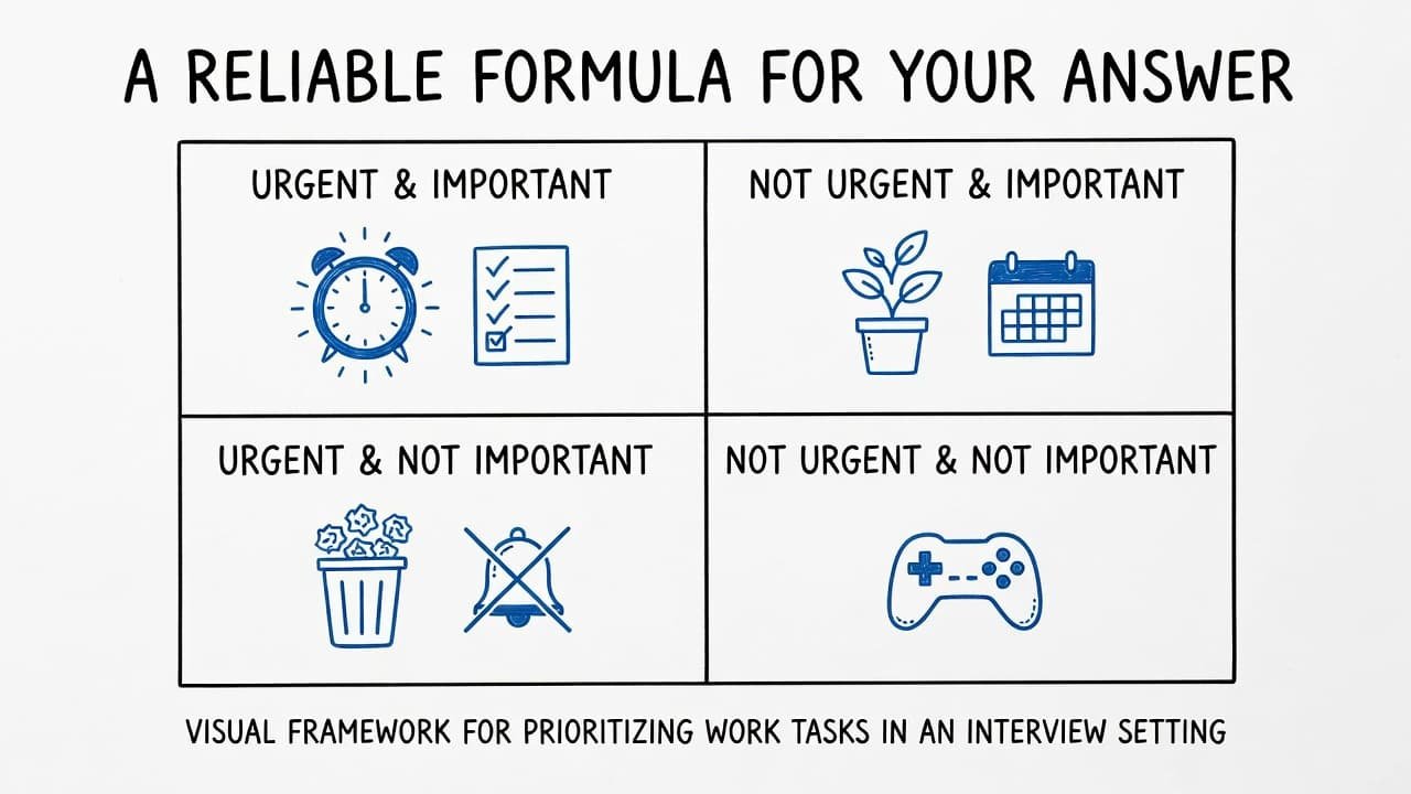 A minimalist black and blue ink illustration of the Eisenhower Matrix on a white background. Each square contains simple, clean icons representing specific categories for organizing and prioritizing daily professional tasks.