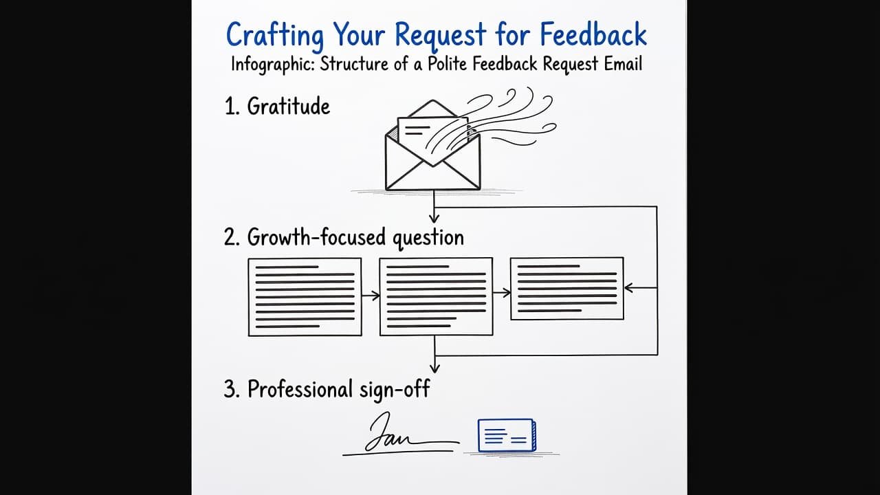 A minimalist black and blue ink illustration on white paper depicts a three-part email template. It features stylized lines representing gratitude, growth questions, and a professional closing statement for effective communication.