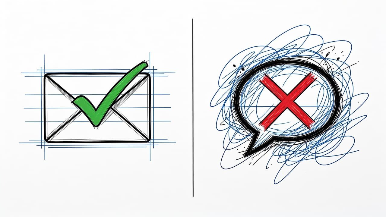 A split-screen illustration displays a polished email icon with a green checkmark on the left, contrasting with a messy, informal chat bubble marked by a red cross on the right.
