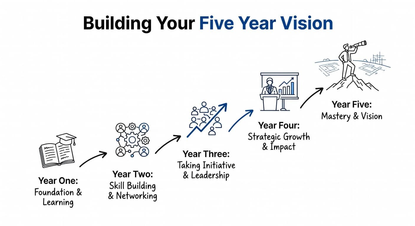 A clean, hand-drawn infographic on a white background displays a five-year career path using blue and black line art. Each sequential step illustrates professional growth milestones from year one through five.