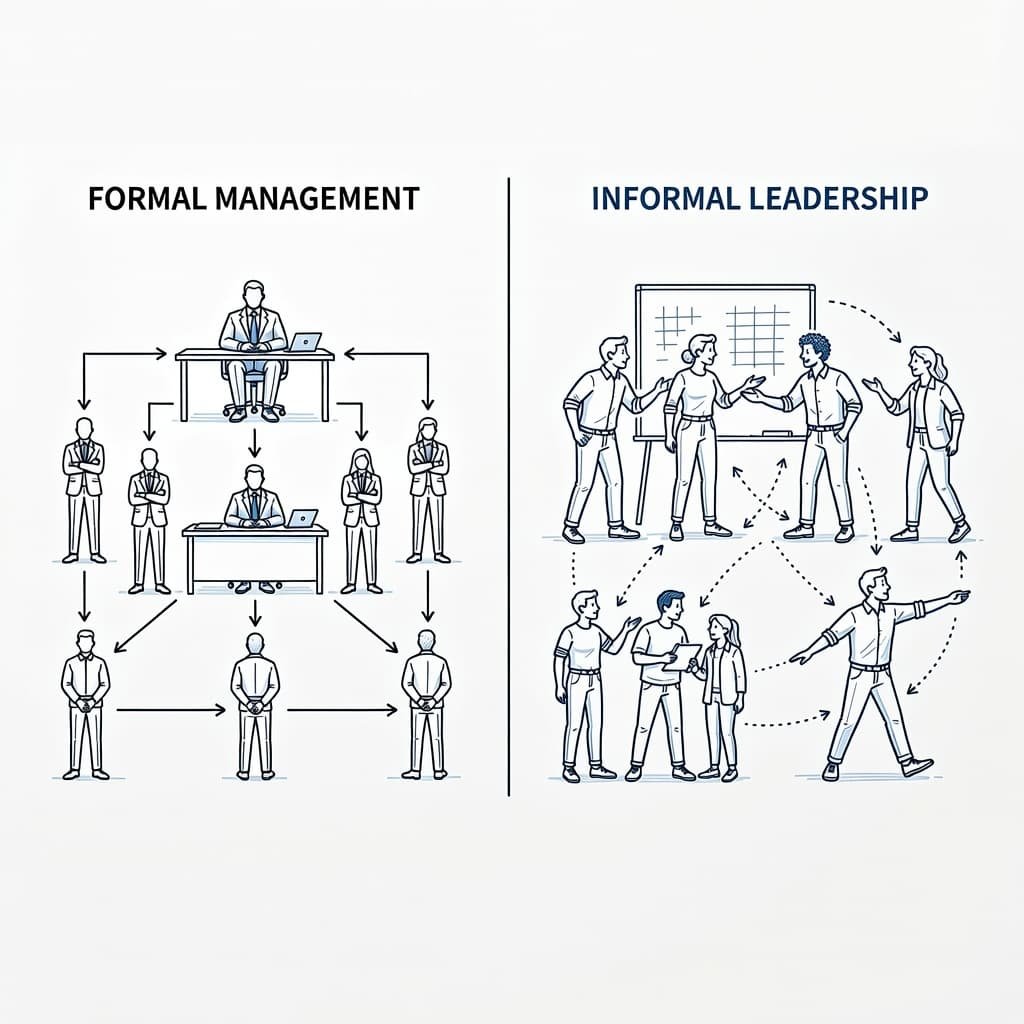 A split-screen illustration features formal management structures on the left and informal leadership concepts on the right. Blue and black ink sketches depict team mentorship, collaboration, and individual initiative throughout.