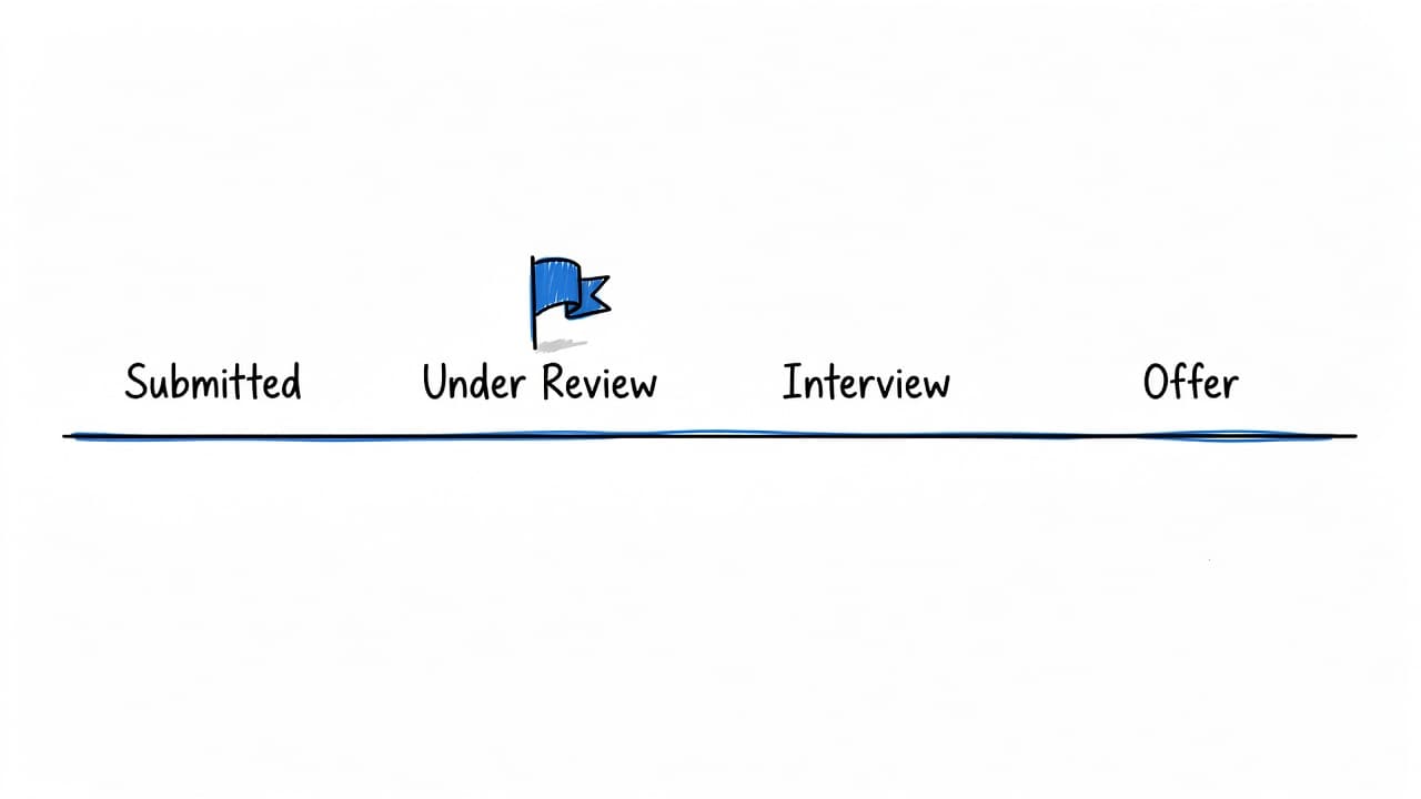 A clean black and blue horizontal timeline shows stages from submission to offer. A prominent pin marker indicates the current step resting precisely on the Under Review portion of the path.