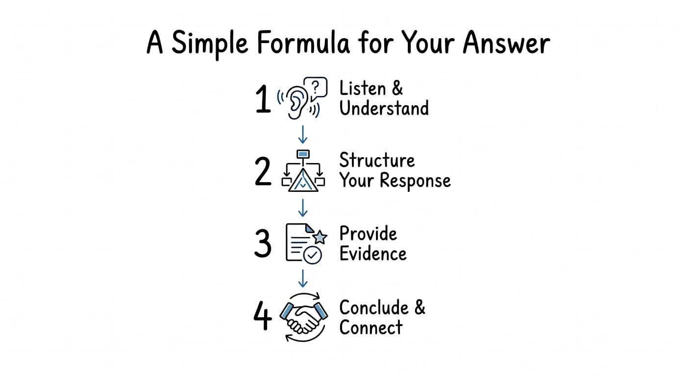 A numbered list featuring clean blue and black line art icons on a white background. Each step represents a distinct phase of the interview answer process with minimal, clear shading.