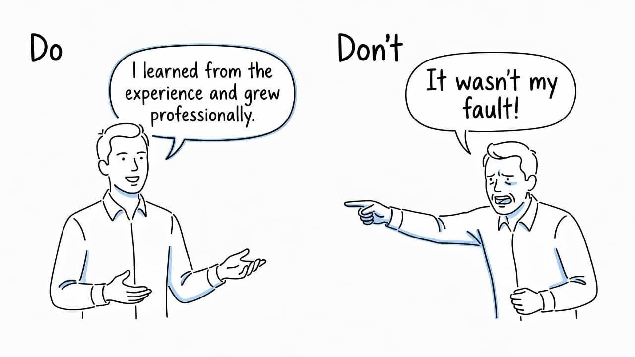 A split-screen hand-drawn infographic on a white background features a calm, confident speaker on the left labeled Do, contrasting with a stressed person pointing fingers on the right side labeled Don't.