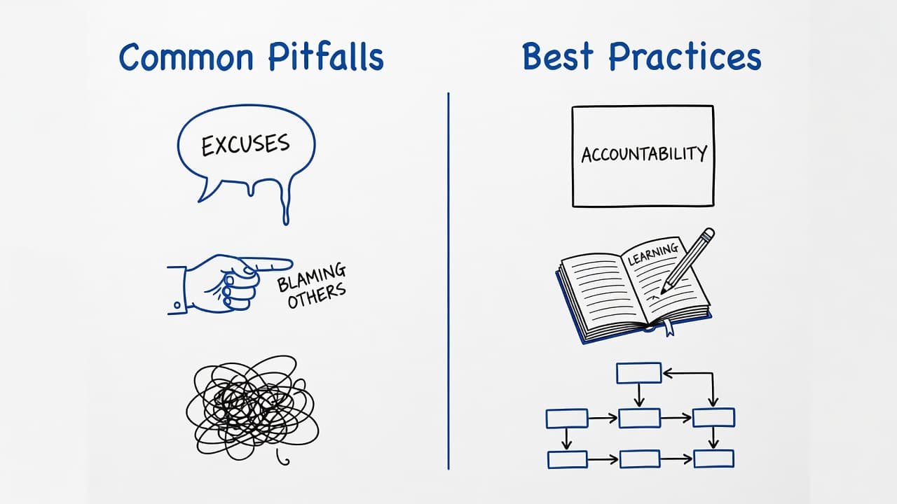 A split-screen infographic features blue and black graphic elements highlighting contrasting behaviors. One side organizes professional pitfalls, while the opposite section displays ideal practices for effective, honest job interview responses.