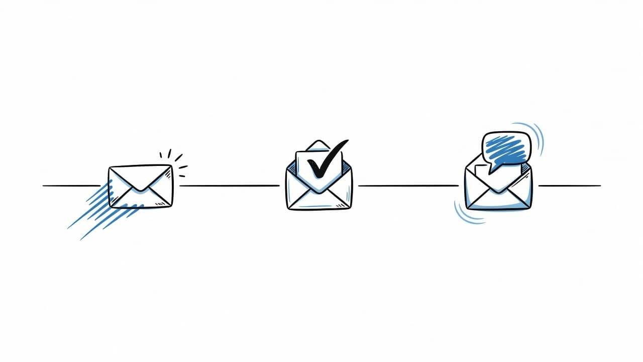 A minimalist hand-drawn graphic features three distinct icons connected by a horizontal path on a white background. These blue and black illustrations represent the sequential stages of professional email communication.