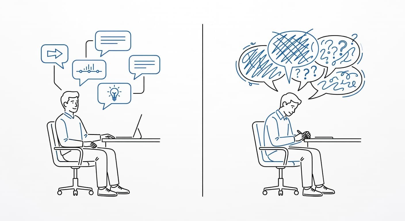A split screen line art illustration features black and blue strokes on a white background. One side depicts positive body language while the other contrasts poor posture during job interviews.