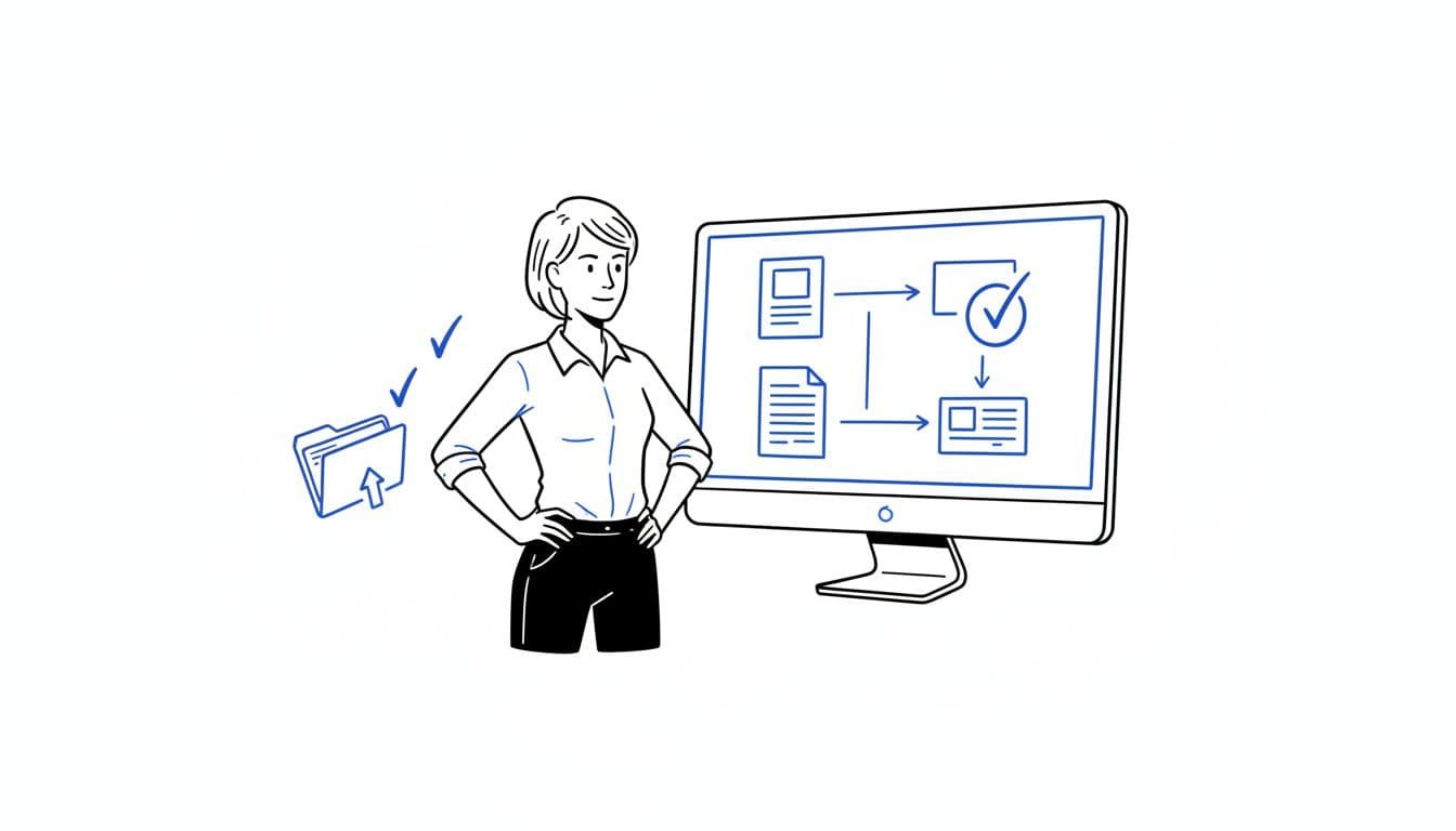 A person stands beside a computer screen displaying a digital document marked with a prominent checkmark. The minimalist blue and black illustration uses clean lines to convey a professional and organized atmosphere.
