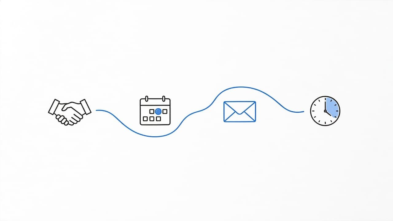 A clean hand-drawn infographic features blue and black lines charting four distinct stages. Icons representing a handshake, calendar, envelope, and clock illustrate the sequential workflow process against a plain white background.