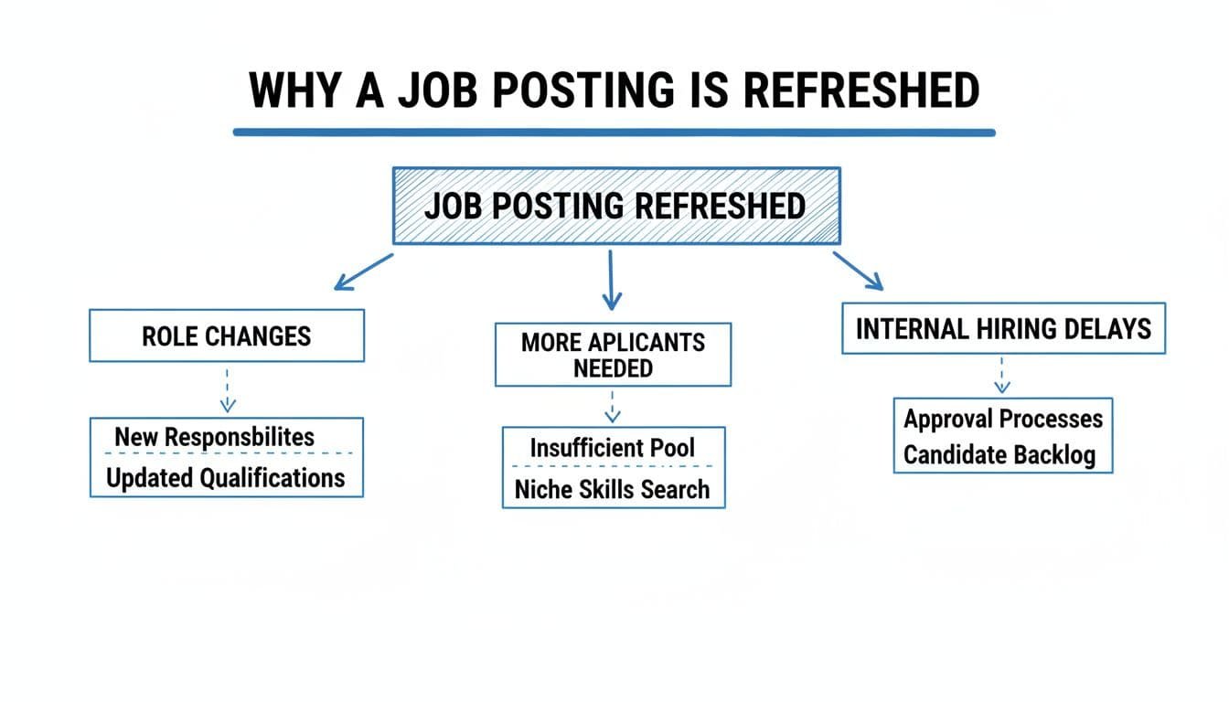 A minimalist black and blue line drawing illustrates a three-branched flowchart on a clean white background. It maps logical progression paths for workplace recruitment scenarios without using any written text.