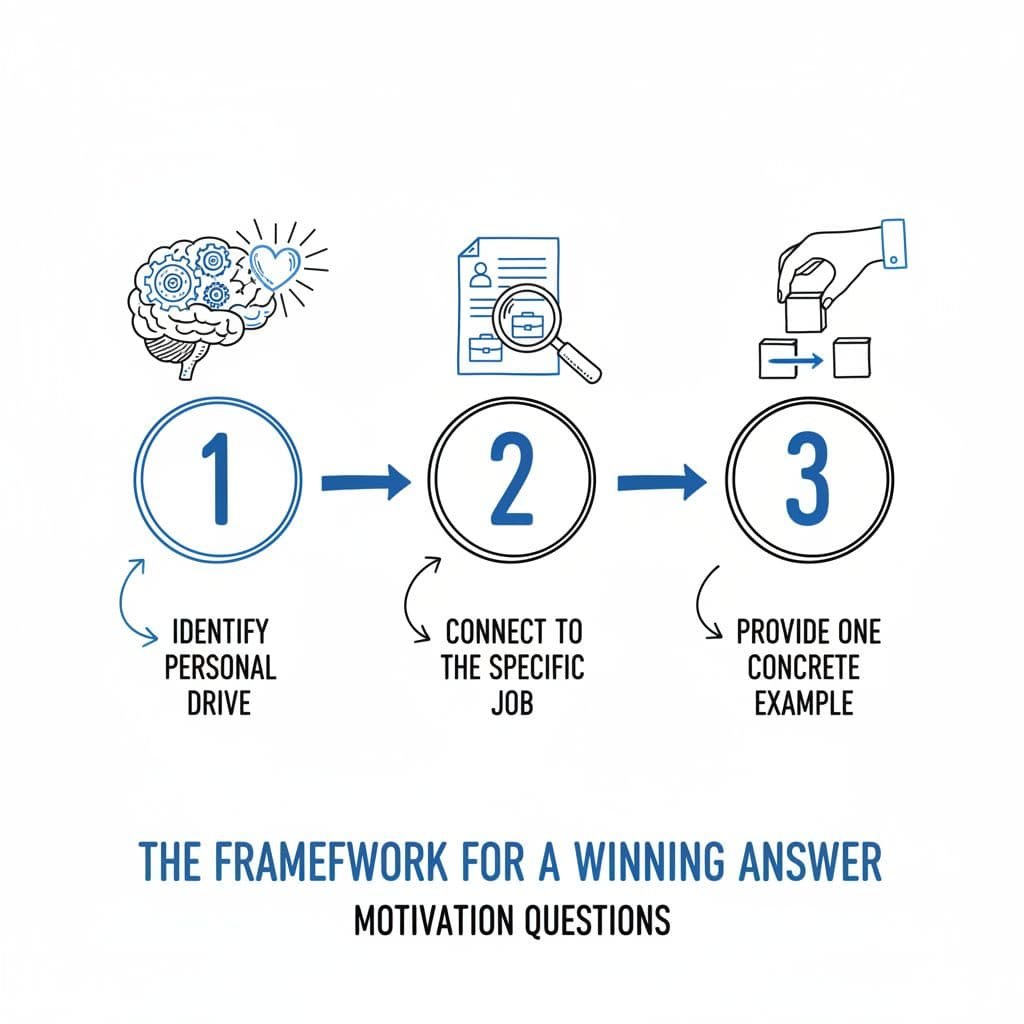 This minimalist diagram features clean black and blue line art on a white background. It outlines a three-step progression using simple shapes and arrows to illustrate a logical professional interview sequence.