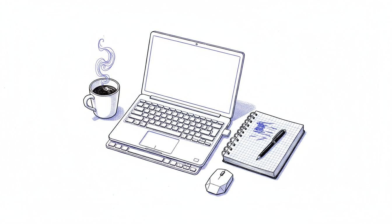 A clean hand-drawn illustration features a laptop, notebook, and coffee mug arranged on a white background. The blue and black line art creates a minimalist, professional workspace for career planning.