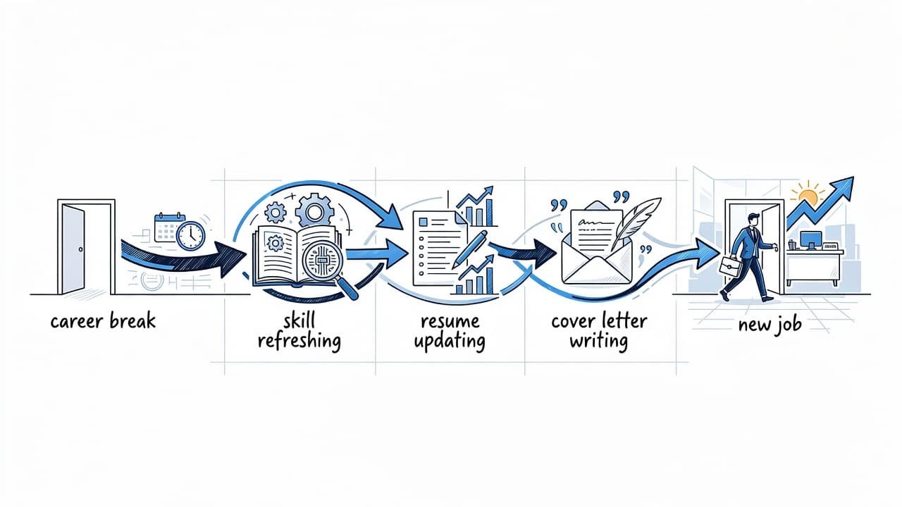 A clean hand-drawn infographic uses black and blue lines to map a career journey. The path illustrates sequential stages like skill refreshing, resume drafting, and cover letter refinement on white.
