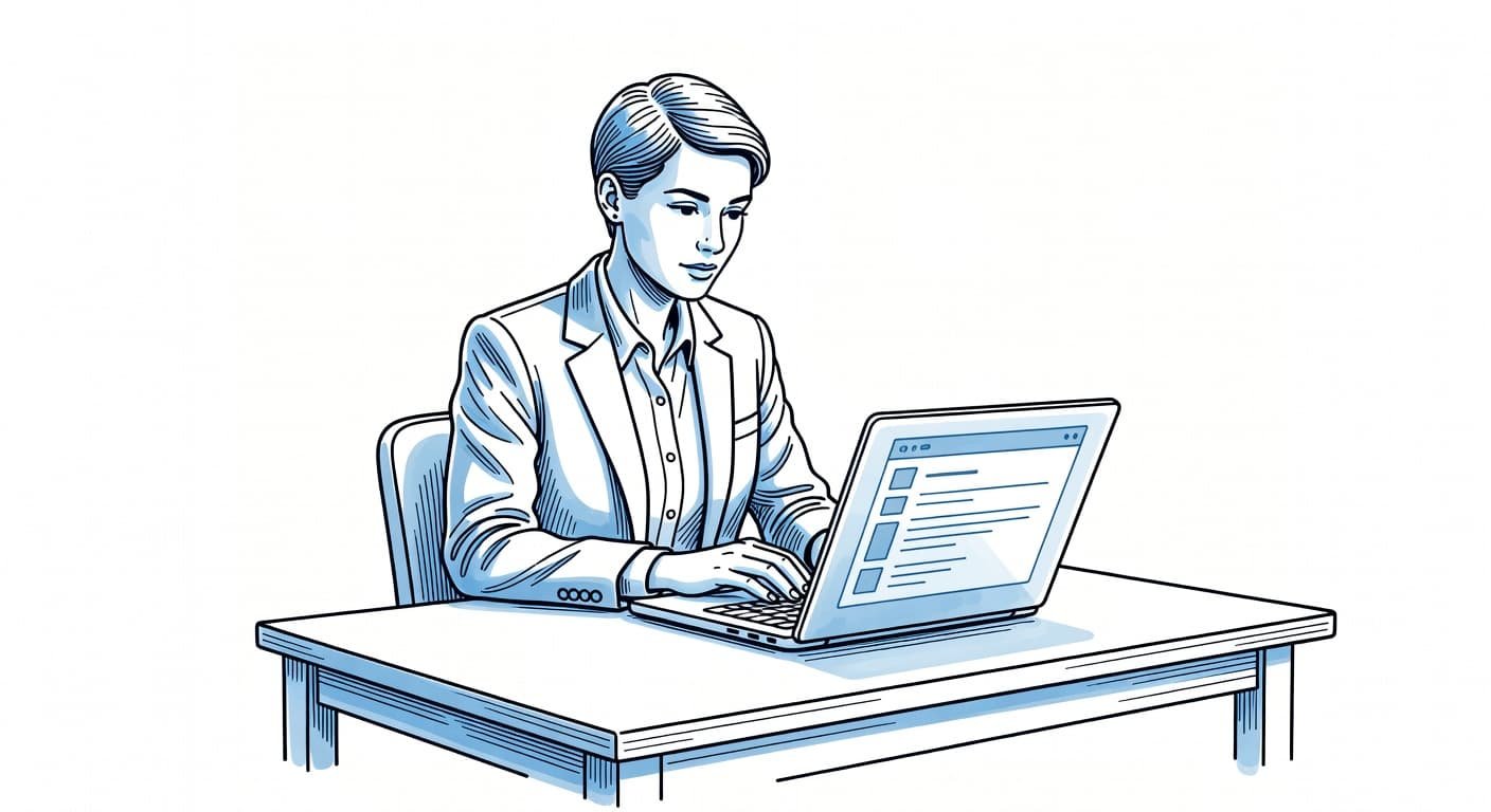 A stylized ink drawing shows a professional individual typing on a laptop computer. Crisp blue and black lines define the character and workspace against a stark, clean white background.
