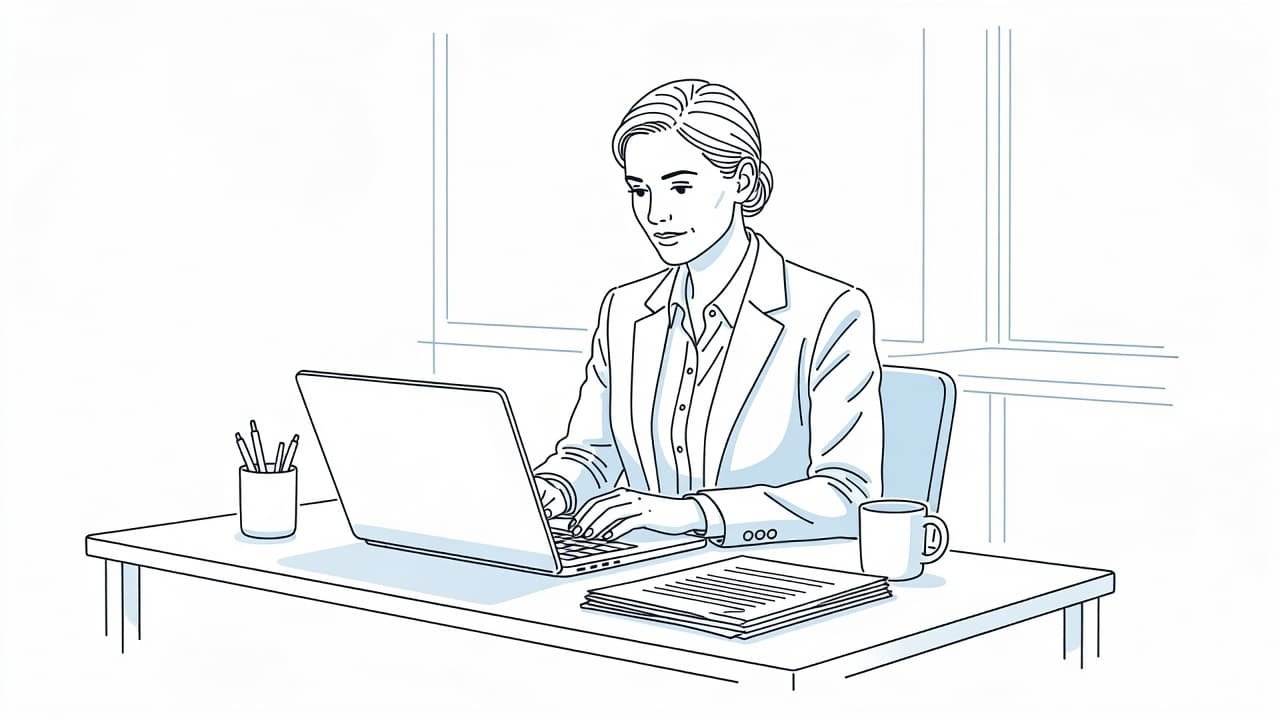 A stylized ink illustration shows a professional person sitting at a desk with a laptop. Using clean blue and black lines, the figure thoughtfully types a message against a stark white background.