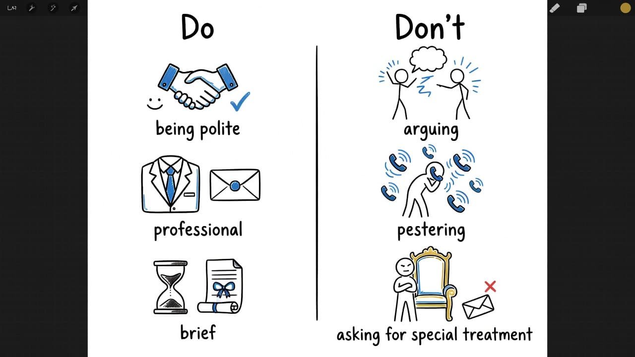 A split-screen hand-drawn illustration contrasts positive etiquette on the left against negative behaviors on the right. Blue and black ink icons depict professional conduct versus pestering or argumentative office interactions.