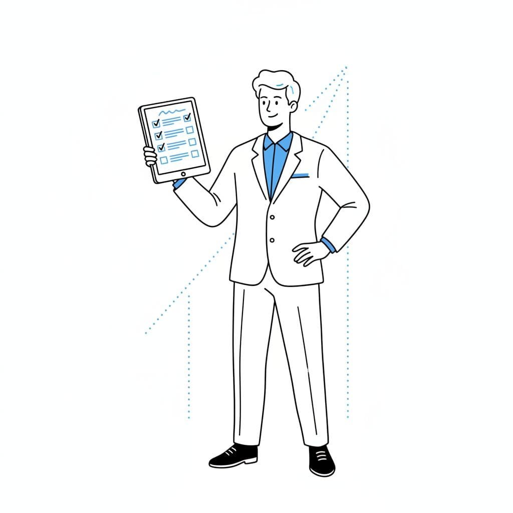 A minimalist hand-drawn figure in black and blue lines stands confidently on a white background. They hold a checklist of skills, representing a job seeker preparing for a professional interview process.