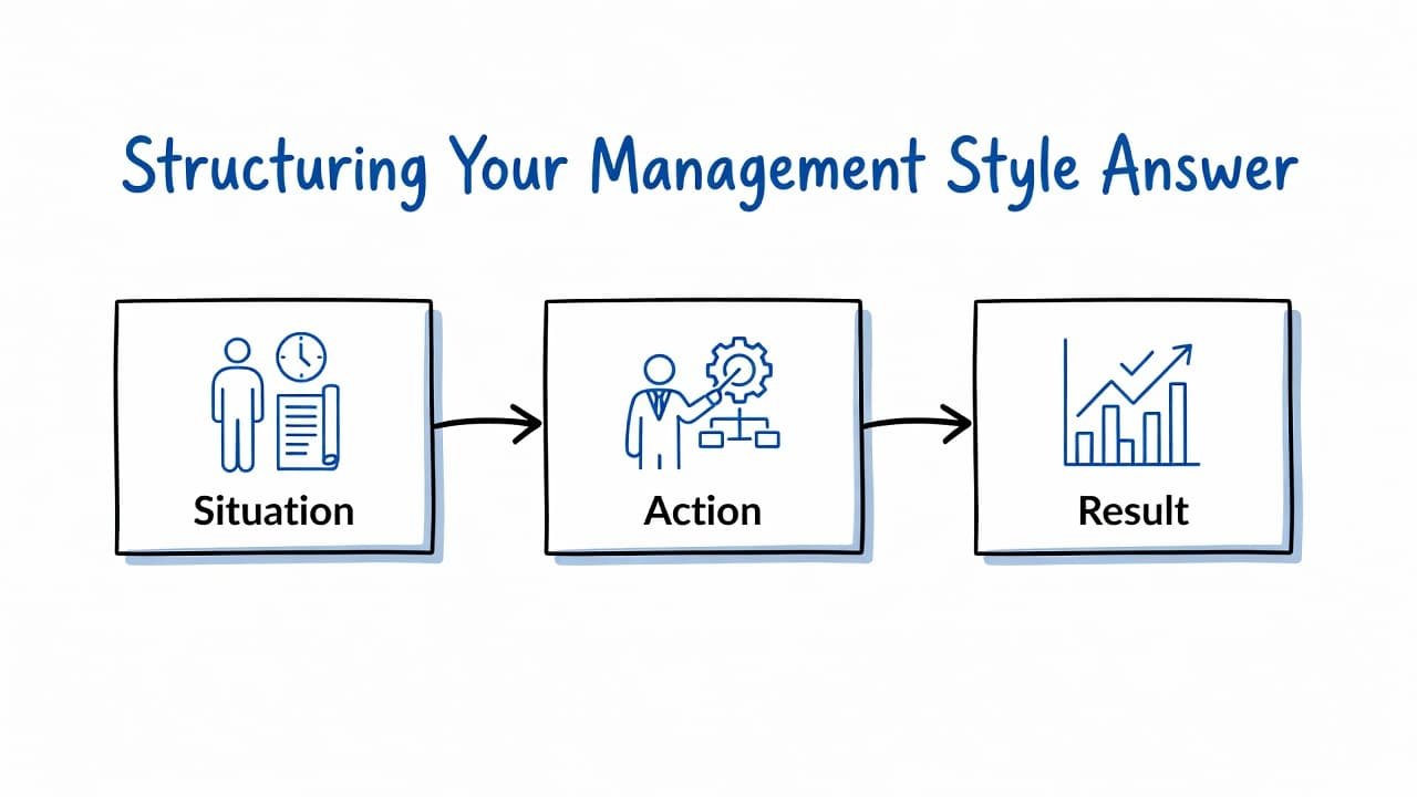 A clean editorial illustration displays three interconnected boxes on a white background. These boxes feature unique icons representing the Situation, Action, and Result stages of the STAR method, which serves as the foundation for this professional management interview response.