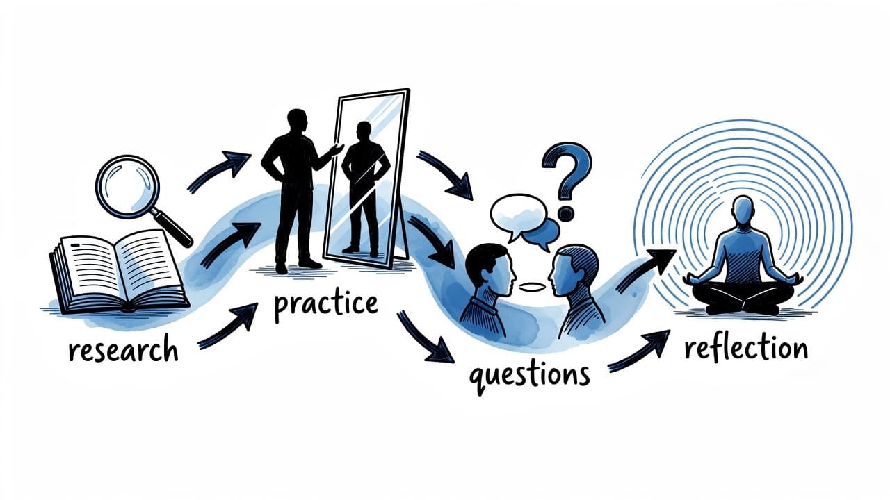 A minimalist hand-drawn illustration featuring four distinct stages arranged in a winding path. The design uses bold black lines and blue accents on a clean white background for easy readability.