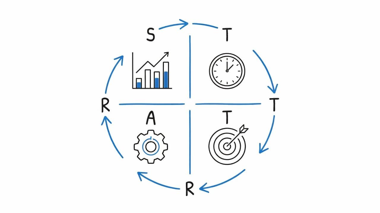 A clean hand-drawn infographic on a white background displays a four-step cycle labeled S, T, A, and R. Icons include a clock, target, gear, and bar chart representing interview stages.