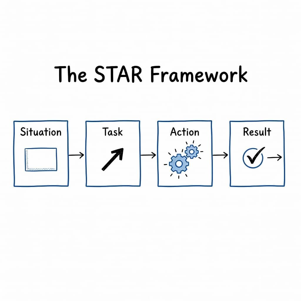 A clean hand-drawn illustration features four sequential blocks labeled Situation, Task, Action, and Result. Fine black and blue ink lines clearly outline this minimalist professional flow on a stark white background.