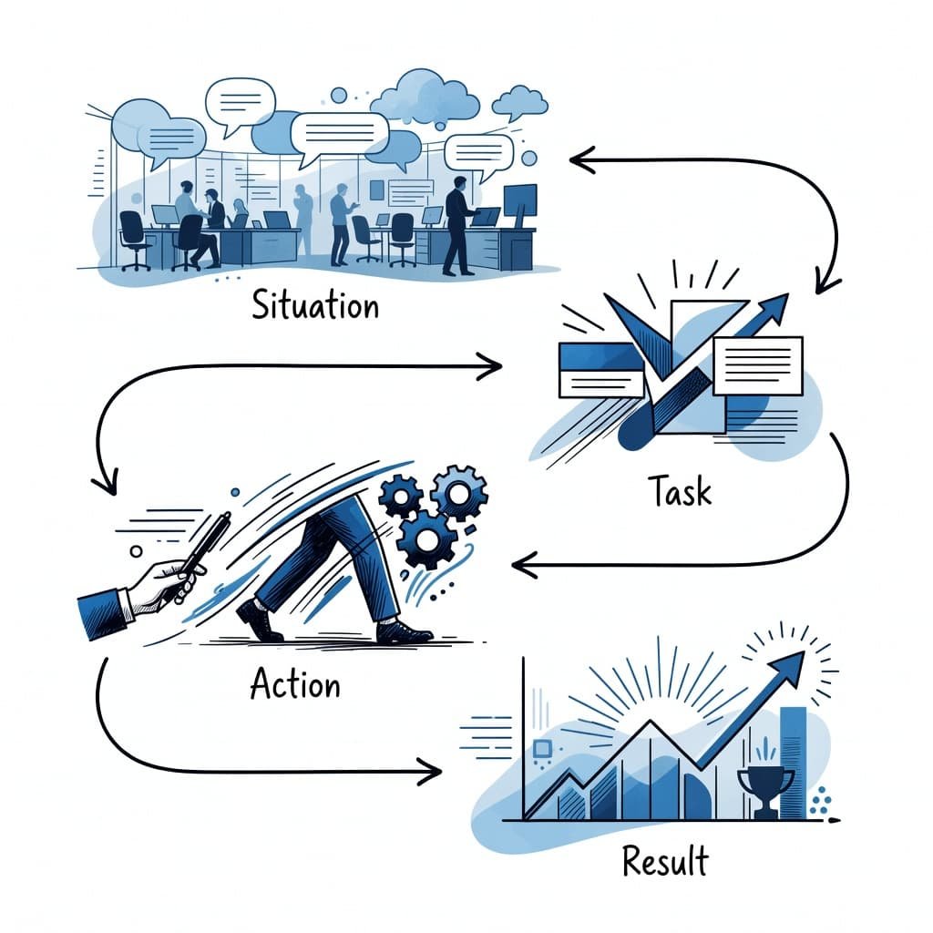 A clean, professional hand-drawn infographic layout displays four distinct sections arranged in a sequence. Bold blue and black ink lines create abstract shapes and directional arrows on a stark white background.