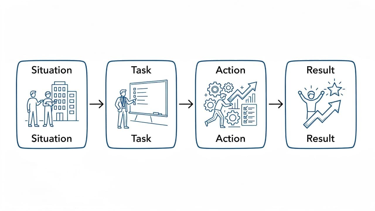 Four distinct sections arranged in a clean grid feature simple icons representing Situation, Task, Action, and Result. Blue and black hand-drawn lines create an organized editorial layout on a white background.