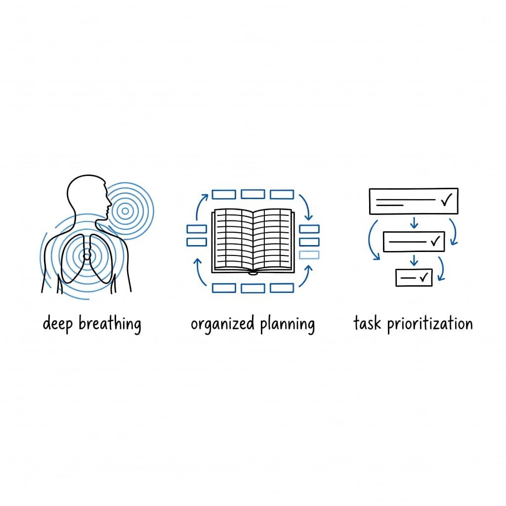 Three minimalist line art icons rendered in blue and black depict a deep breath, a structured checklist for planning, and a prioritized list. These symbols are arranged horizontally on white.