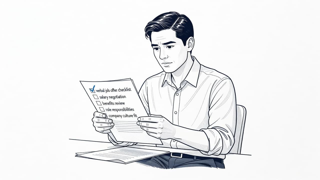 A stylized line art illustration shows an individual carefully scanning a document held in their hands. The clean white background is punctuated by soft blue accents that highlight the professional paperwork.