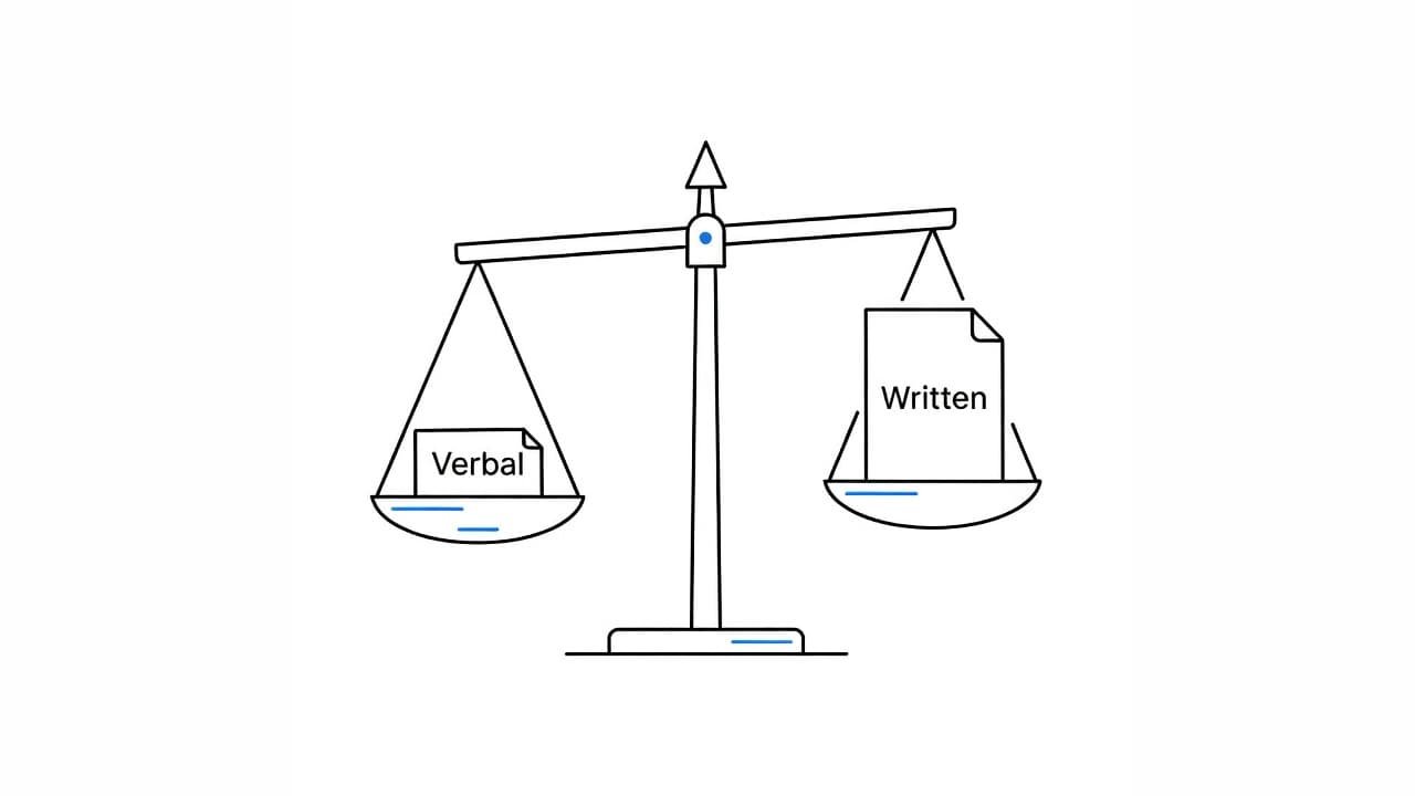A minimalist line drawing features a balance scale set against a plain white background. One side represents verbal agreements while the other holds a structured document, accented with simple blue strokes.