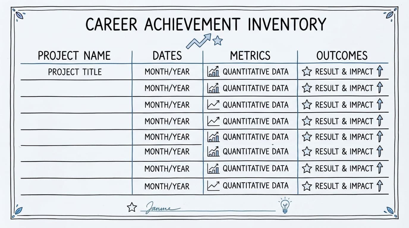 A blank blue and black ink career achievement template with sections for metrics and project dates.