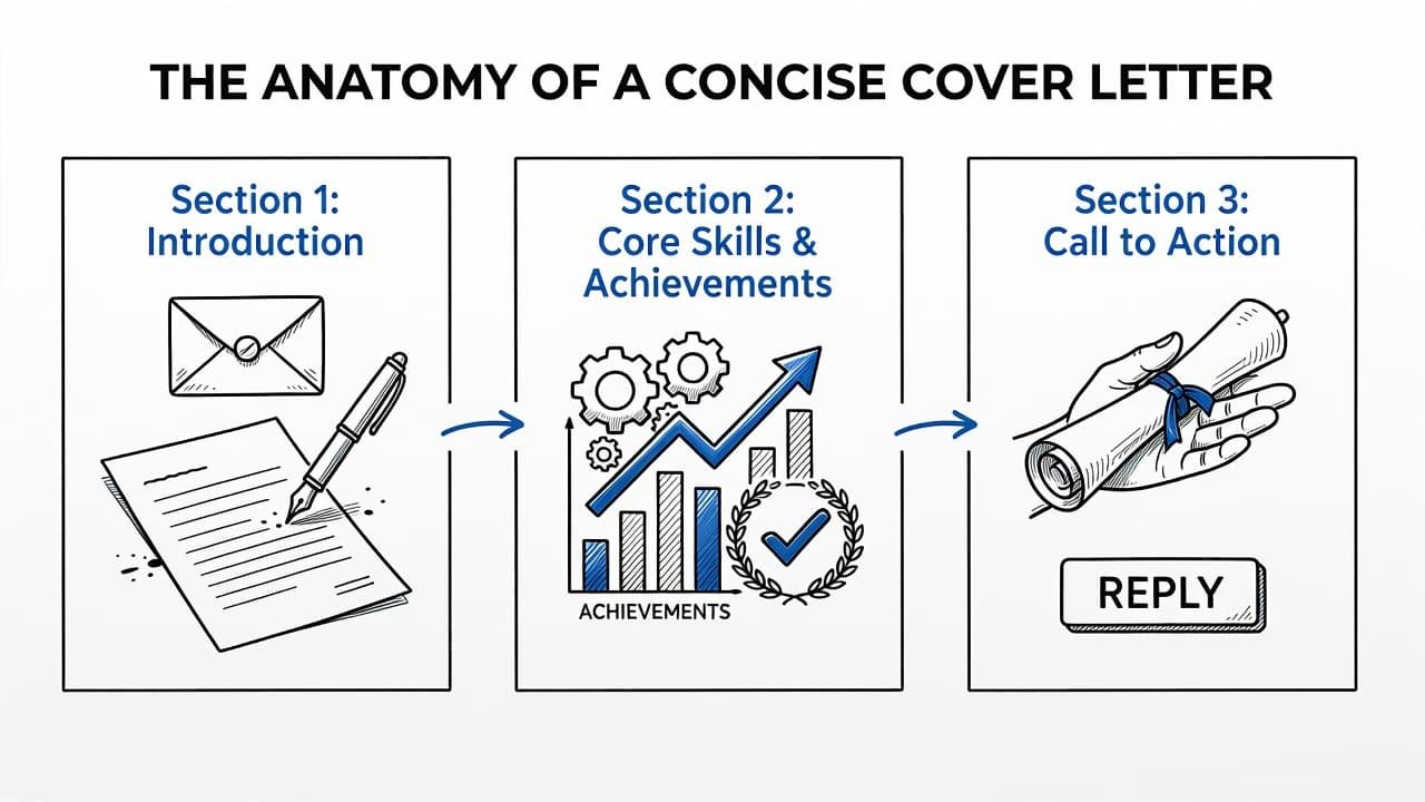 An ink illustration on paper showing the three essential parts of a professional cover letter.