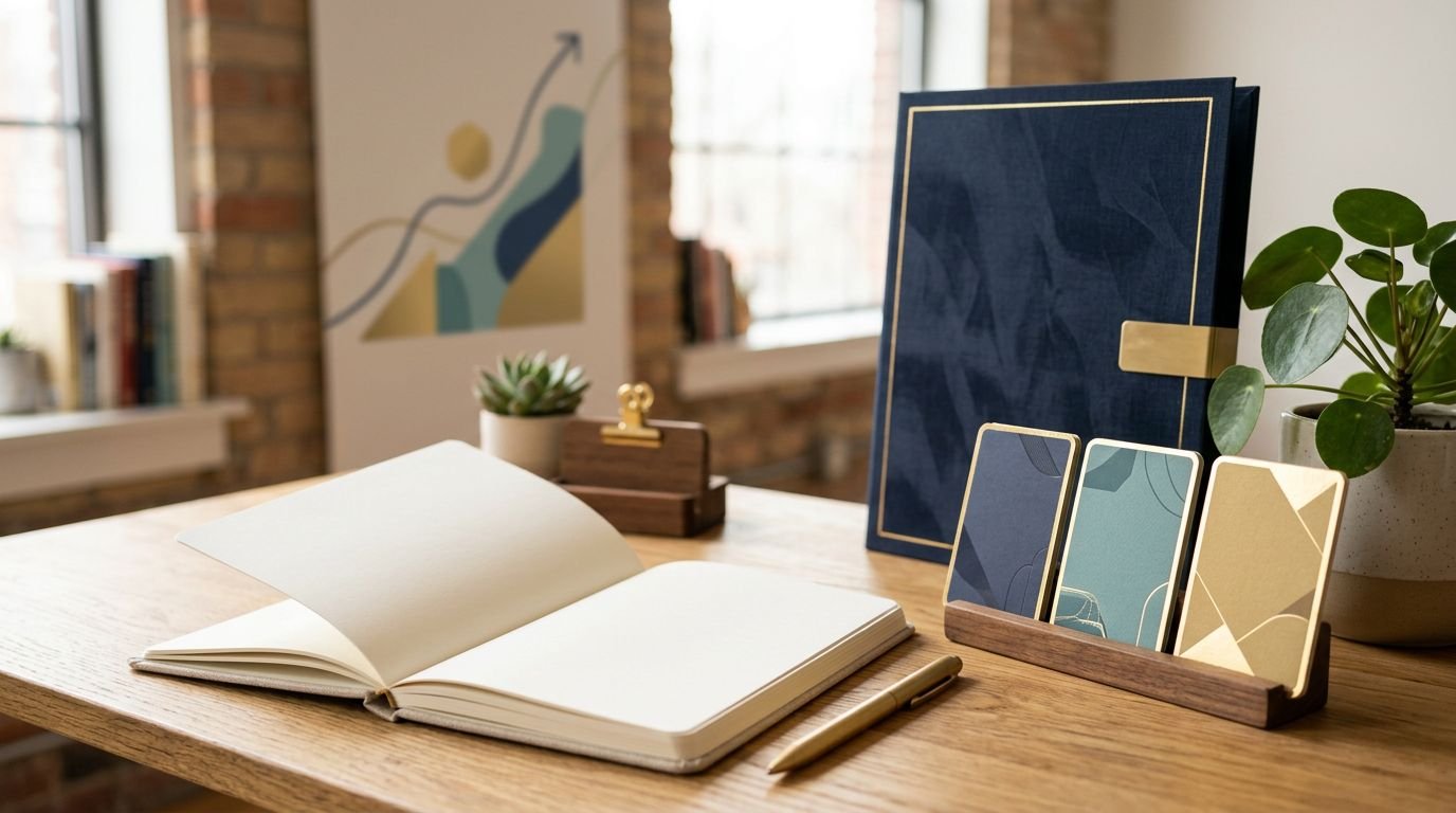 An open notebook, achievement cards, and portfolio folder arranged on a sunlit wooden desk.
