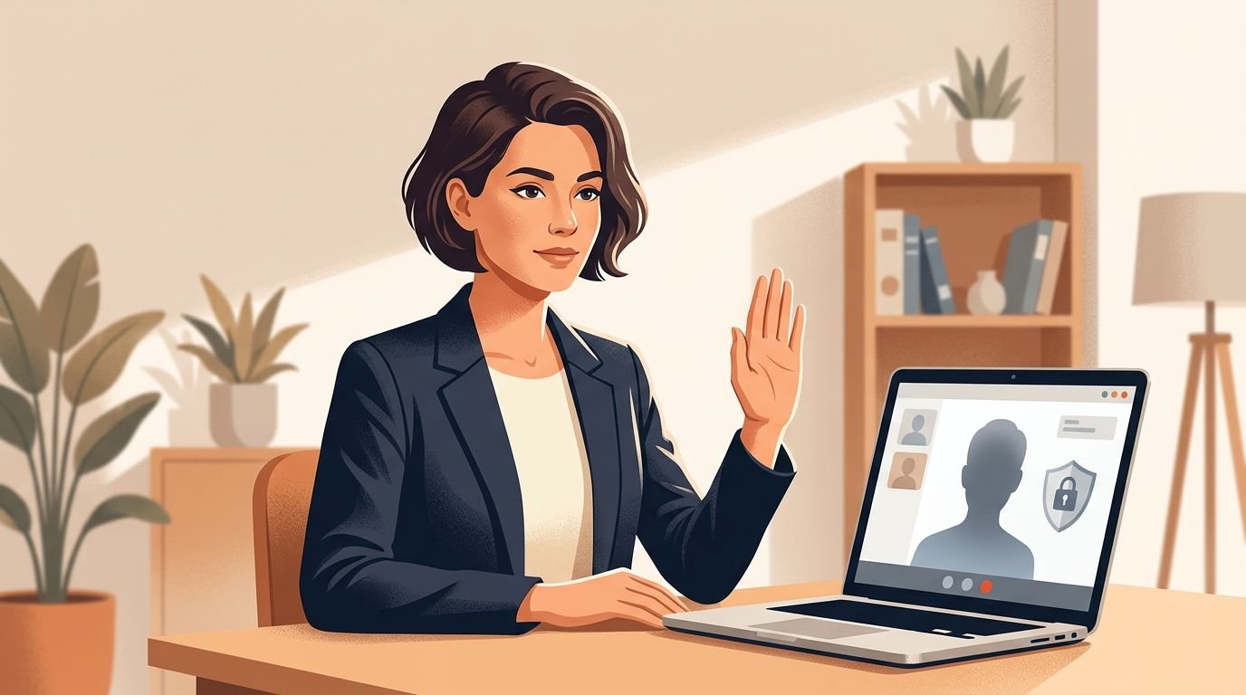 A professional job candidate setting a boundary during a video interview.
