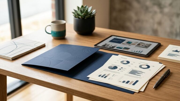 A modern desk with a tablet, printed charts, and a folder arranged for an interview.