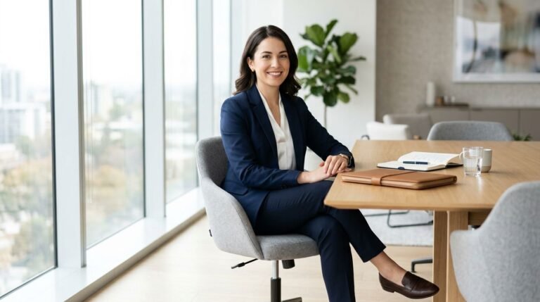 Professional wearing a navy blazer and trousers in a bright office meeting room.
