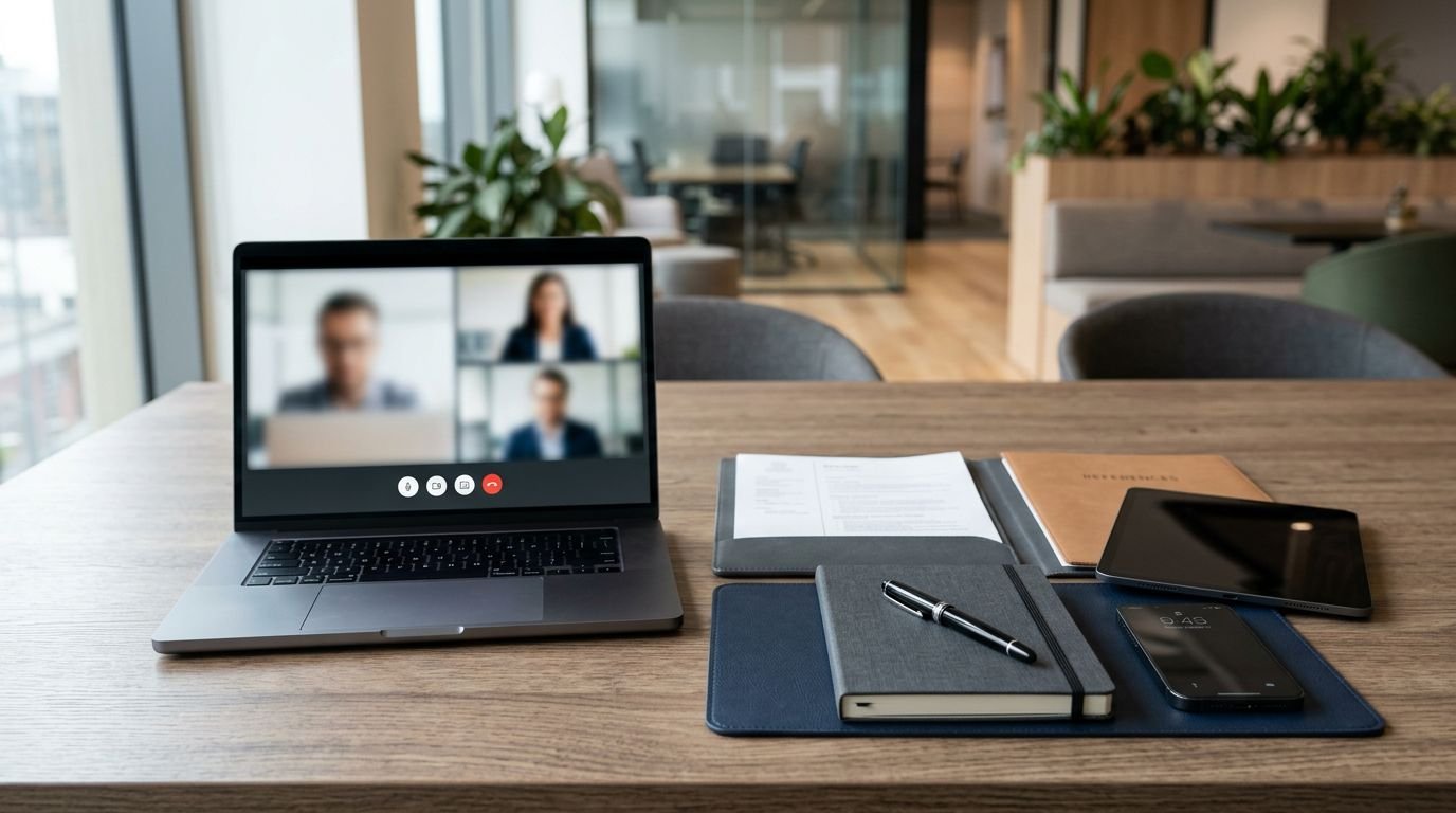 An interview kit with resumes, a notebook, and a laptop arranged on a modern desk.