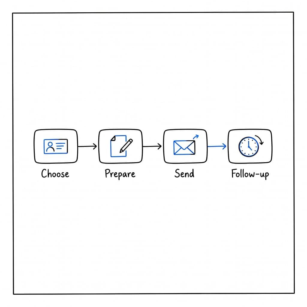 A minimalist black and blue ink illustration features four distinct icons arranged linearly on a white background. Each stage represents a professional networking step, labeled clearly with simple instructional action words.