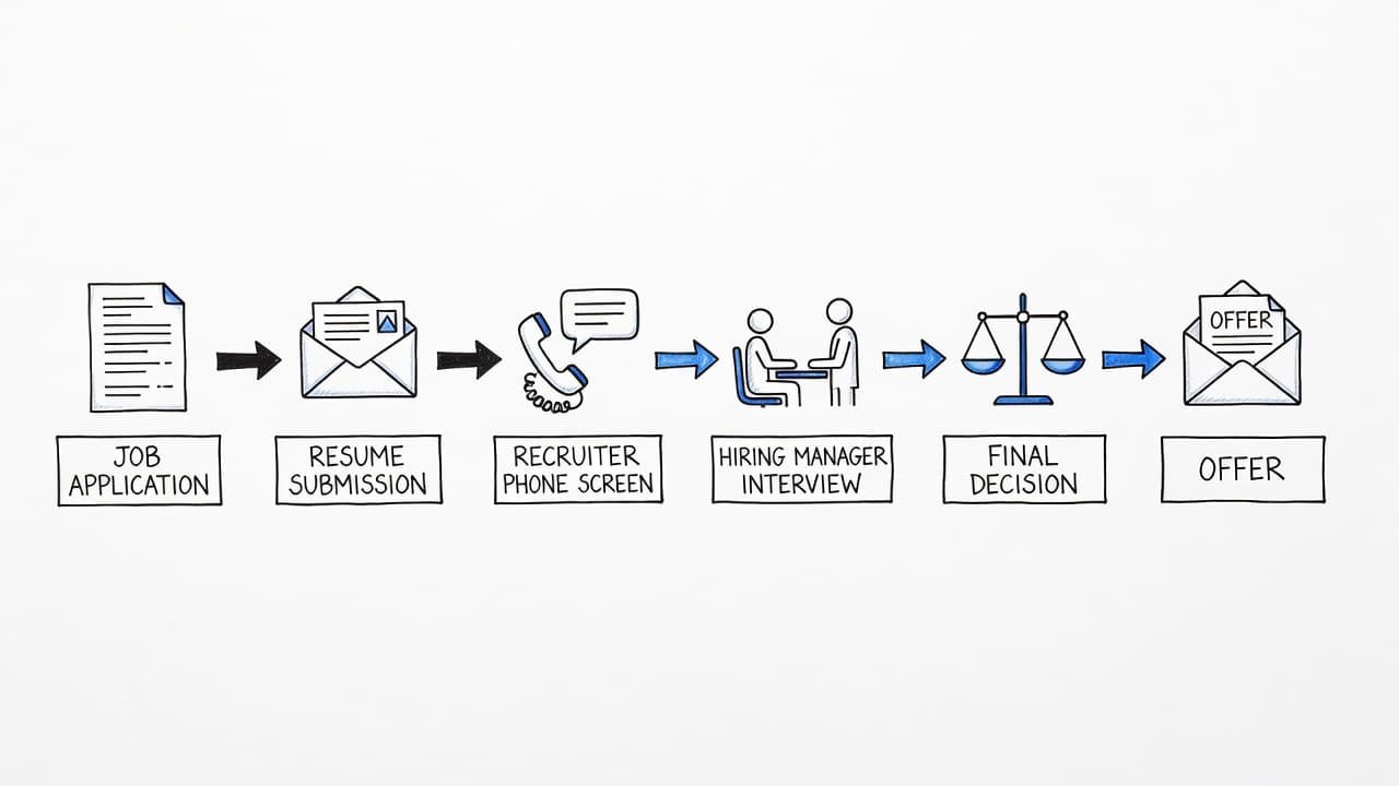 A linear flowchart rendered in black and blue ink features interconnected stages for job recruitment. Each segment follows a path from initial application submission through to the final employment offer decision.