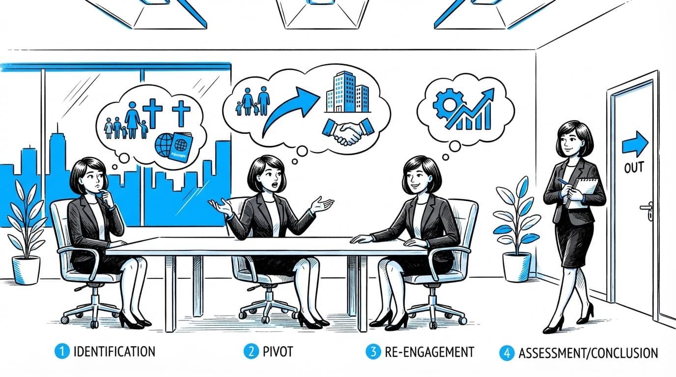 An editorial infographic illustrating a step-by-step framework for handling illegal interview questions.