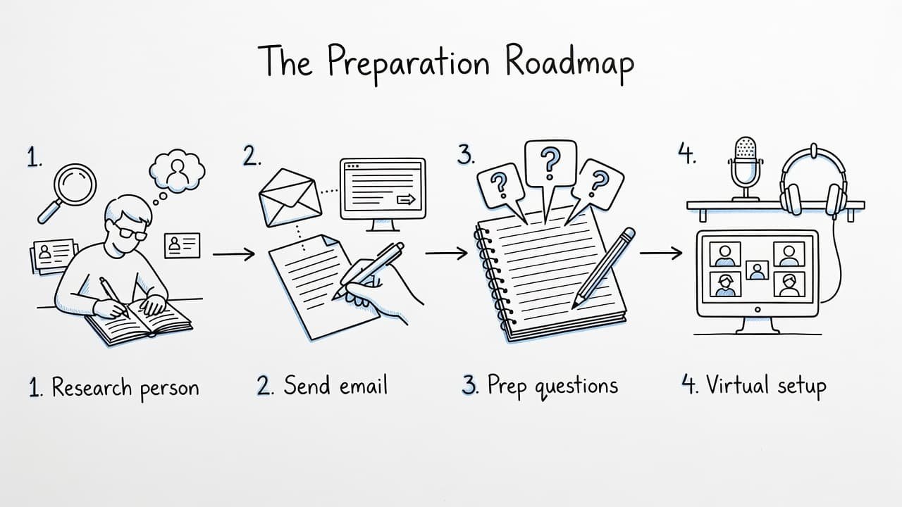 A four-step visual guide using black and blue line art to explain preparation steps for informational interviews.