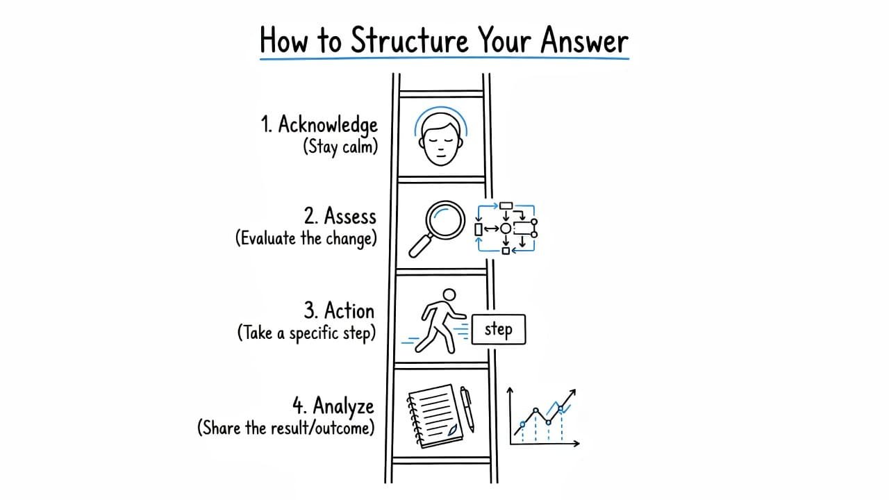 A vertical four-step ladder infographic uses black ink and blue accents to detail a career strategy. Each rung features clear text labels and minimalist line icons for answering complex questions.