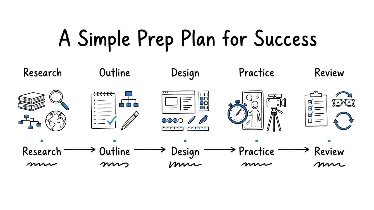 A clean, horizontal five-step infographic features blue and black graphic elements against a white background. Each stage is marked by a circular icon, illustrating a professional process for interview success.