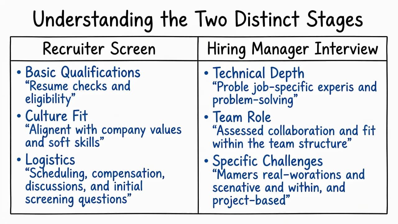 A split-screen ink illustration compares two hiring phases. The left side outlines recruiter screening basics, while the right side details technical depth and team roles for manager interviews on white paper.