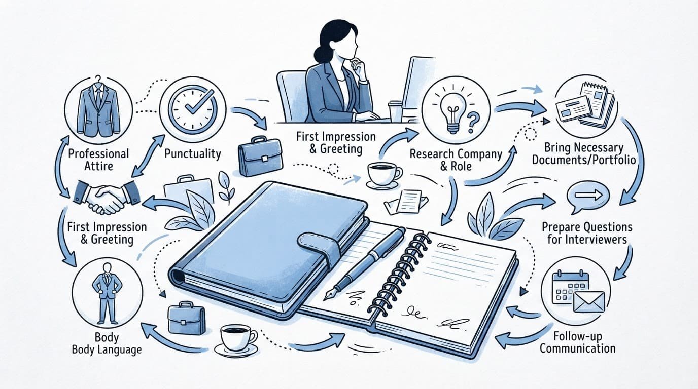 An illustration of an interview checklist with a portfolio and pen.
