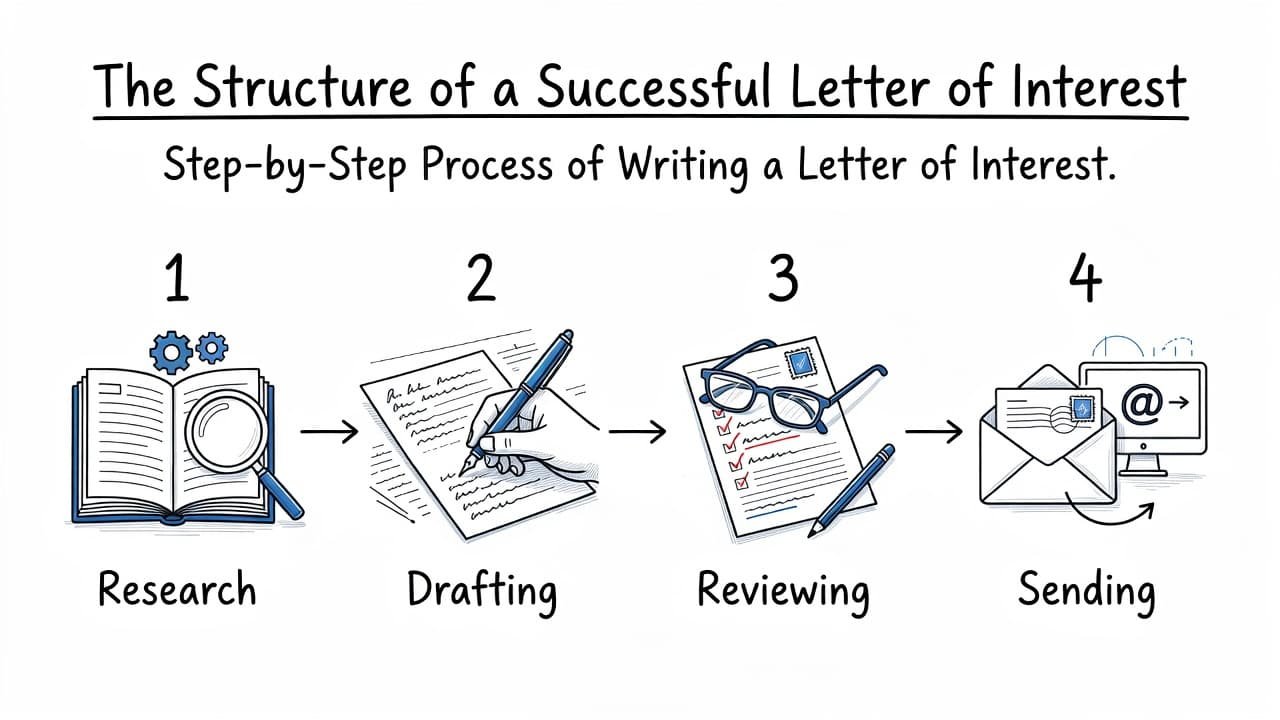 Four numbered hand-drawn icons outlined in black and blue ink illustrate a sequential workflow. The steps represent research, drafting, reviewing, and submission against a clean, crisp white studio background.