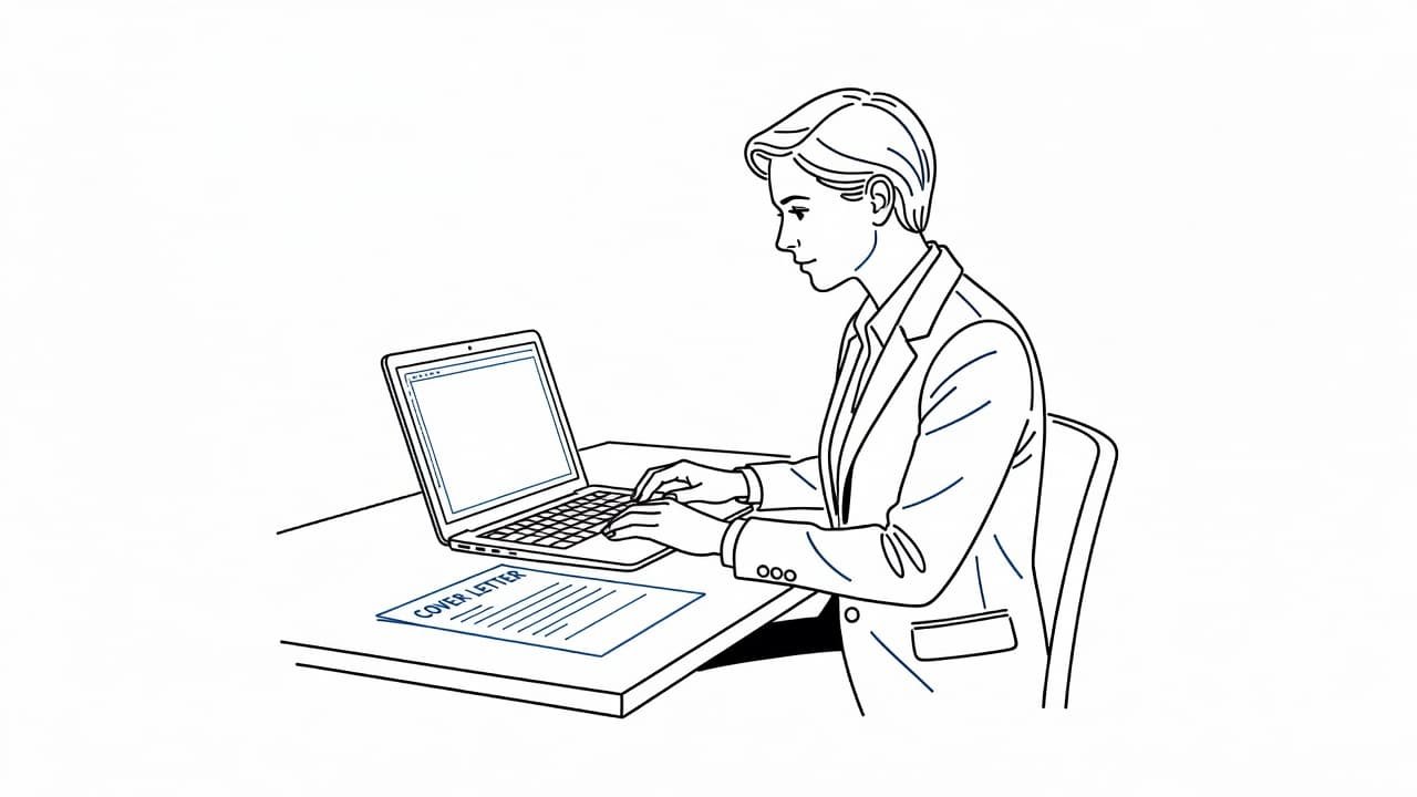 A stylized illustration of a professional person typing on a laptop to draft a job application.