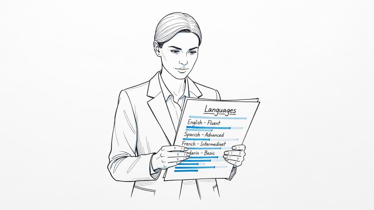 A person holds a professional resume featuring a highlighted section for language skills.