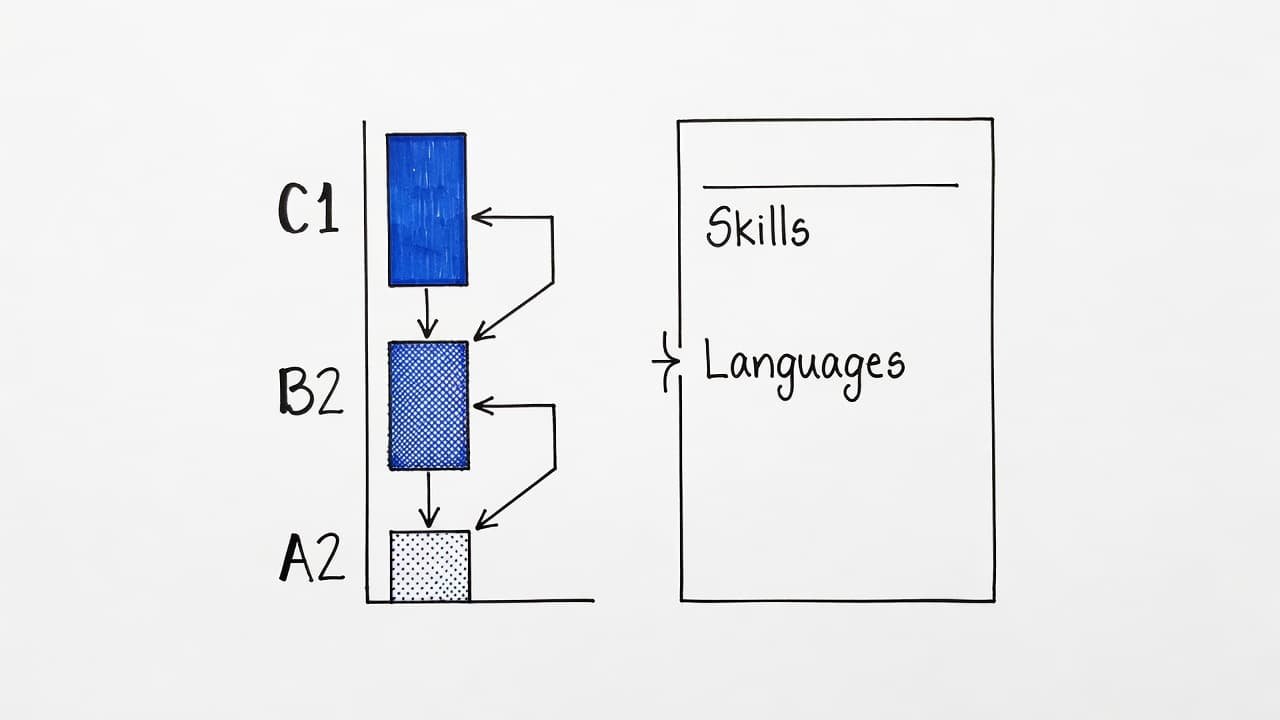 An ink illustration showing language proficiency levels and resume layout sections.